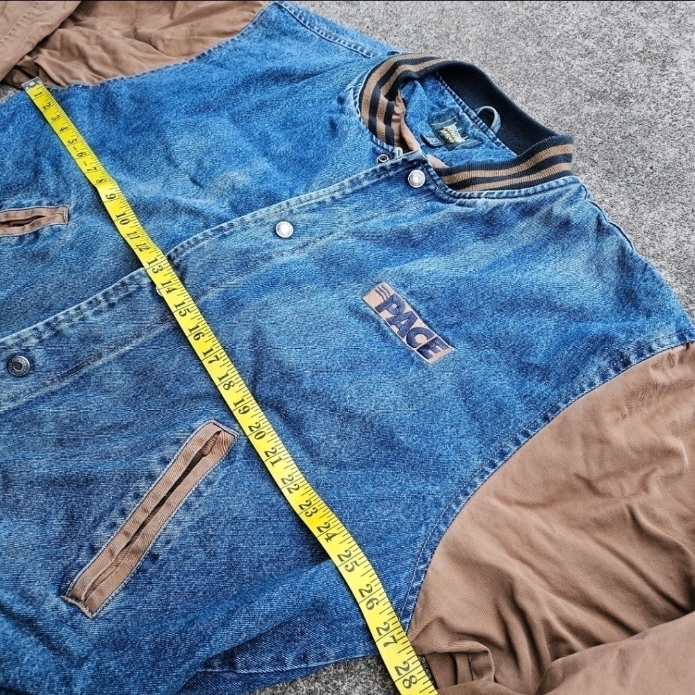 VTG 90s Dunbrooke Pace Denim Varsity Bomber Trucker Jacket Blue Tan Mens Size XL - Picture 12 of 16